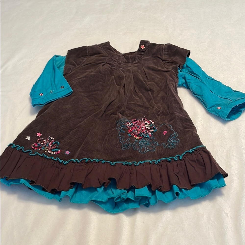 Brown and Teal Dress with Floral Embroidery from Catimini